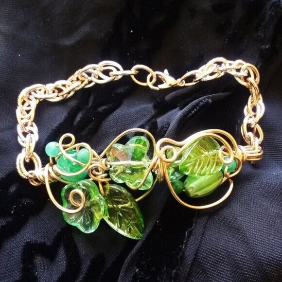 Whimsical Spring Bracelet - Green Leaves Butterflies Flowers! Uniquely Handmade - Picture 9 of 11